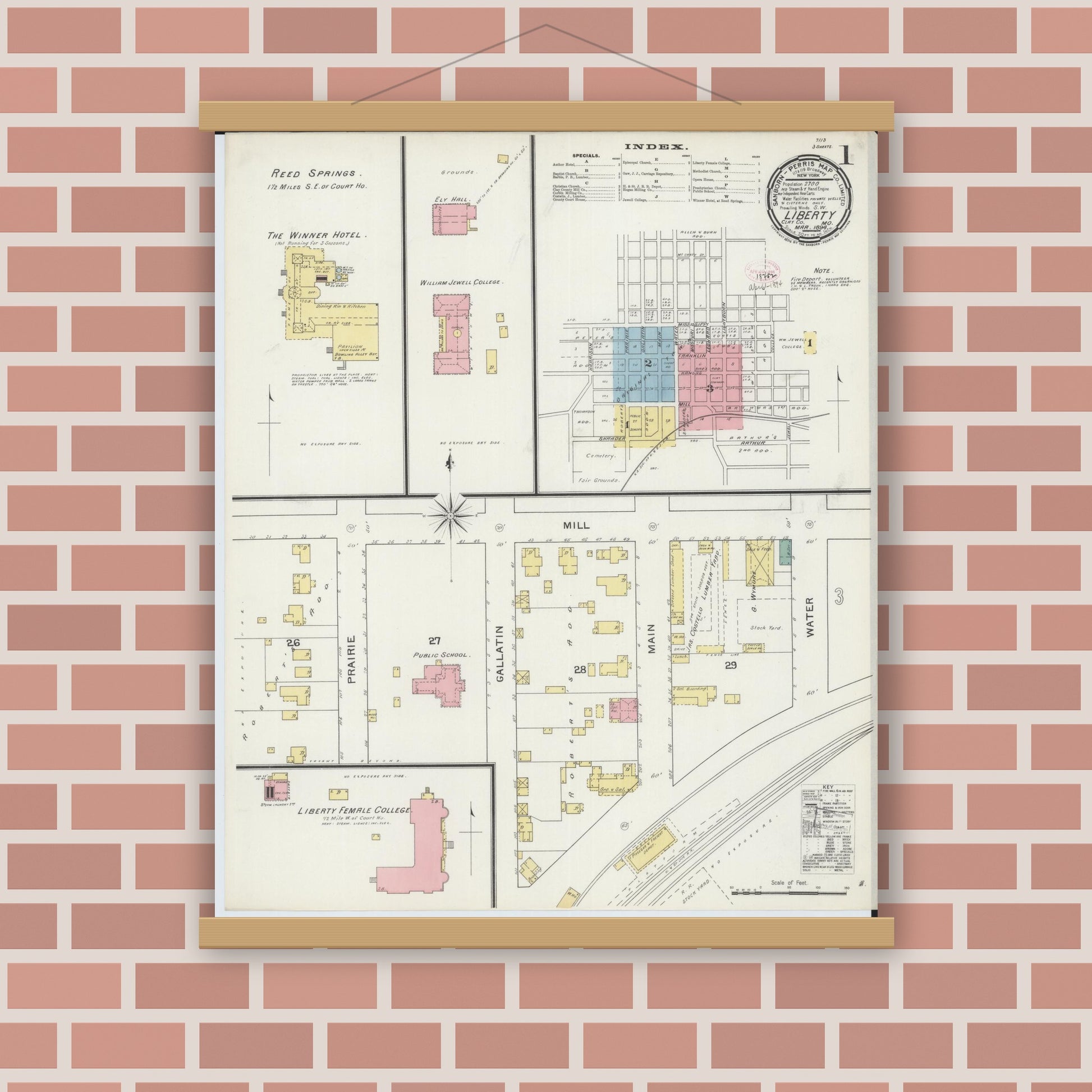 Old map wall art mockup — magnetic wood frame on brick wall — Sanborn Fire Insurance Map from Liberty, Clay County, Missouri (1894) - Complete Map Set