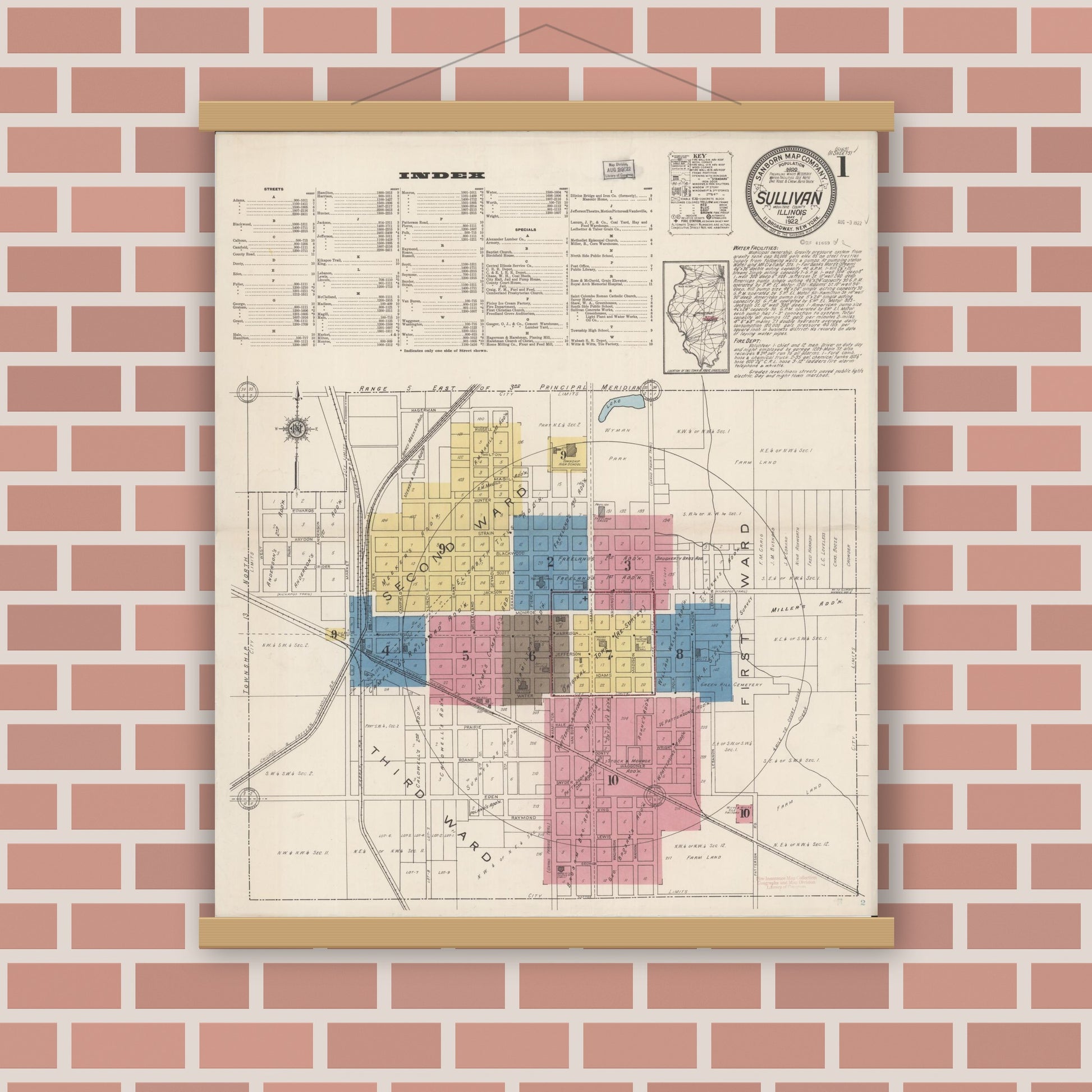 Old map wall art mockup — magnetic wood frame on brick wall — Sanborn Fire Insurance Map from Sullivan, Moultrie County, Illinois (1922), Sheet #0001
