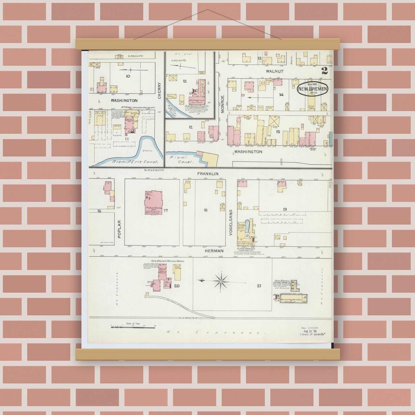 Old map wall art mockup — magnetic wood frame on brick wall — Sanborn Fire Insurance Map from New Bremen, Auglaize County, Ohio (1892), Sheet #0002