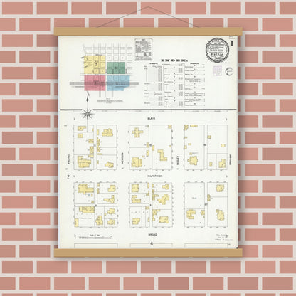 Old map wall art mockup — magnetic wood frame on brick wall — Sanborn Fire Insurance Map from Mineola, Wood County, Texas (1901) - Complete Map Set