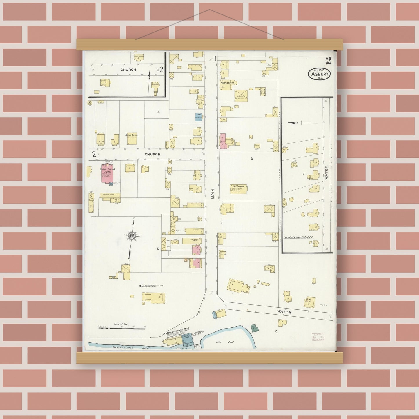 Old map wall art mockup — magnetic wood frame on brick wall — Sanborn Fire Insurance Map from Asbury, Warren County, New Jersey (1909), Sheet #0002