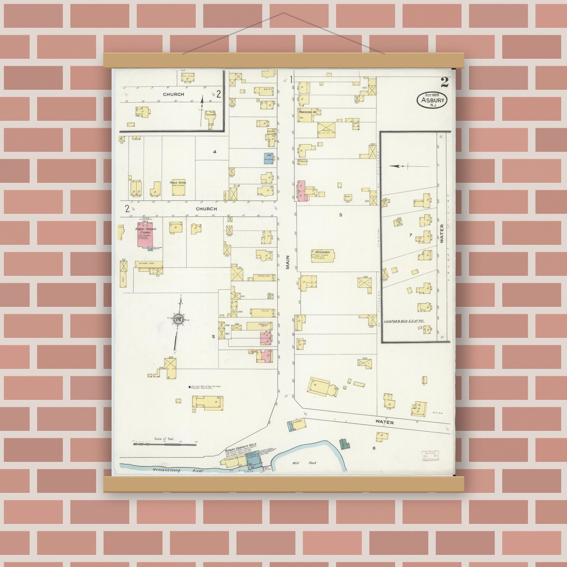 Old map wall art mockup — magnetic wood frame on brick wall — Sanborn Fire Insurance Map from Asbury, Warren County, New Jersey (1909), Sheet #0002