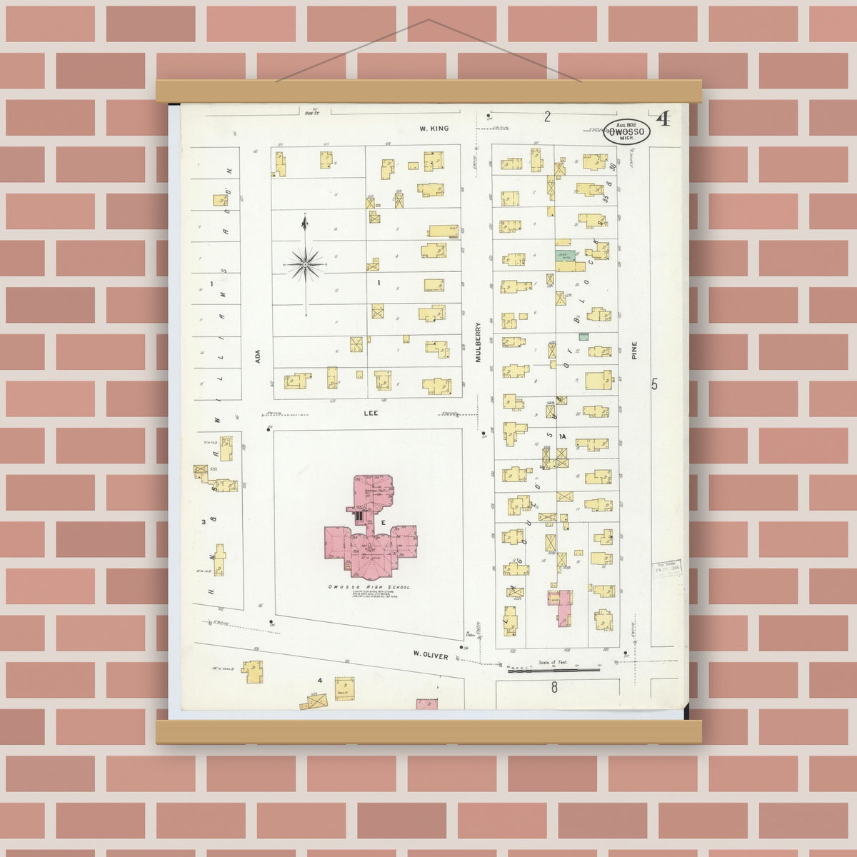 Old map wall art mockup — magnetic wood frame on brick wall — Sanborn Fire Insurance Map from Owosso, Shiawassee County, Michigan (1908), Sheet #0004