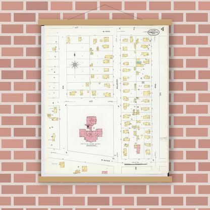 Old map wall art mockup — magnetic wood frame on brick wall — Sanborn Fire Insurance Map from Owosso, Shiawassee County, Michigan (1908), Sheet #0004