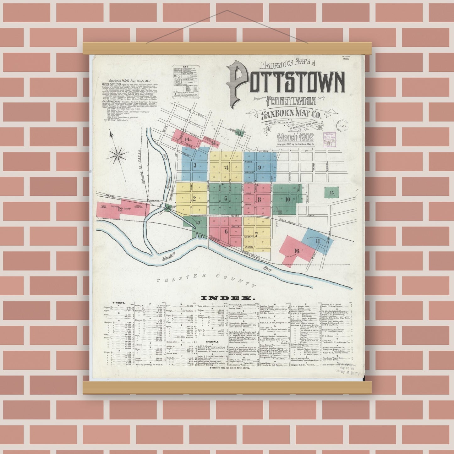Old map wall art mockup — magnetic wood frame on brick wall — Sanborn Fire Insurance Map from Pottstown, Montgomery County, Pennsylvania (1902), Sheet #0001