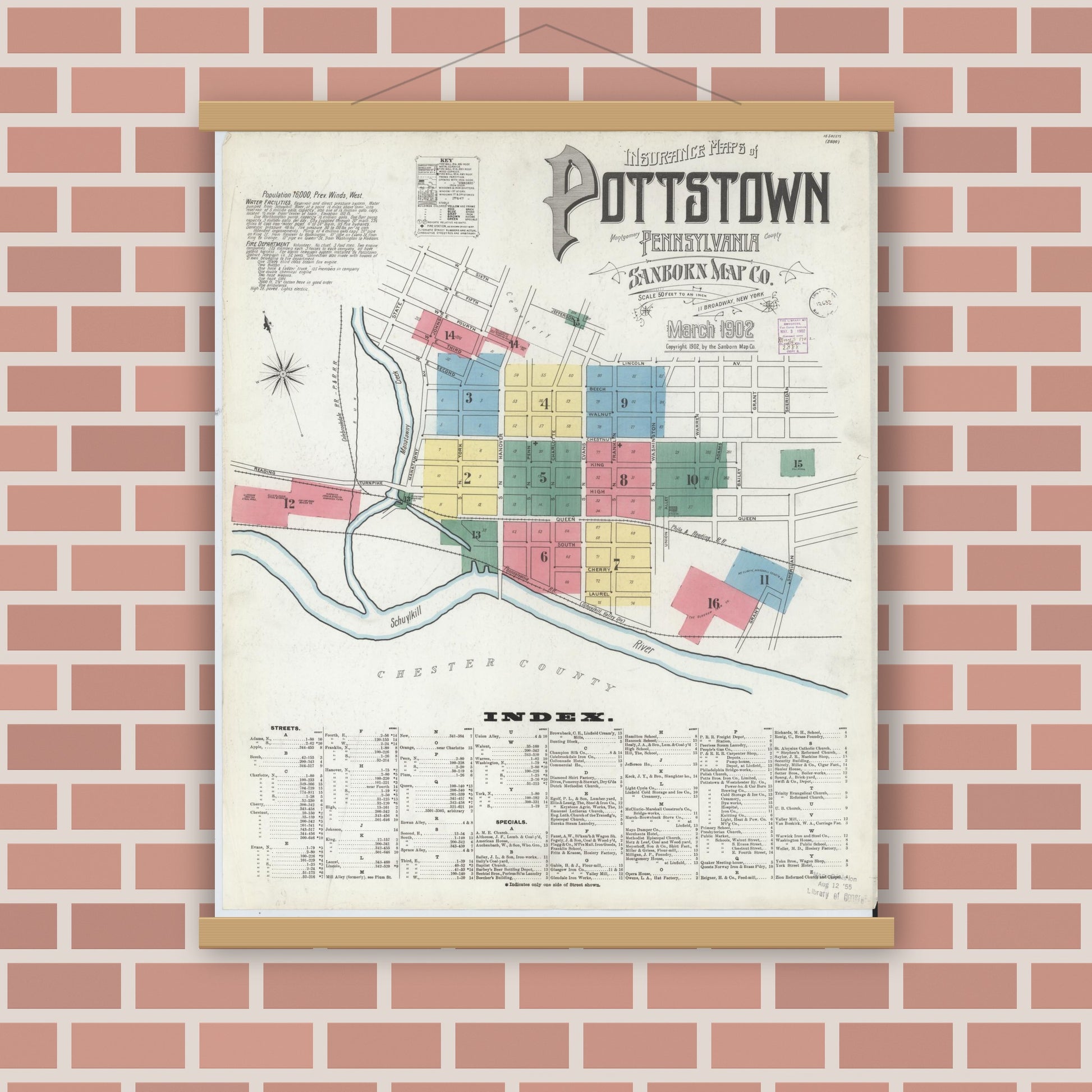 Old map wall art mockup — magnetic wood frame on brick wall — Sanborn Fire Insurance Map from Pottstown, Montgomery County, Pennsylvania (1902), Sheet #0001