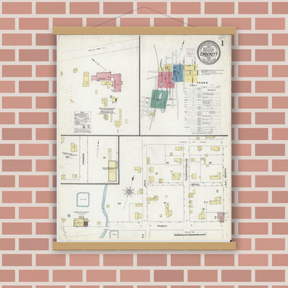 Old map wall art mockup — magnetic wood frame on brick wall — Sanborn Fire Insurance Map from Crockett, Houston County, Texas (1907), Sheet #0001