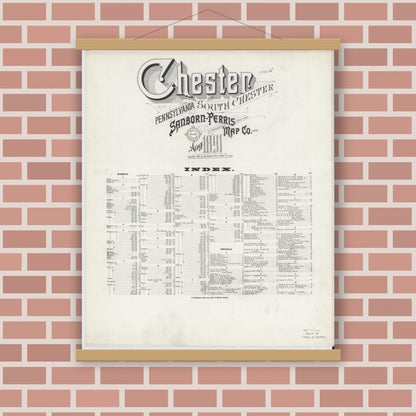 Old map wall art mockup — magnetic wood frame on brick wall — Sanborn Fire Insurance Map from Chester, Delaware County, Pennsylvania (1891), Sheet #0001