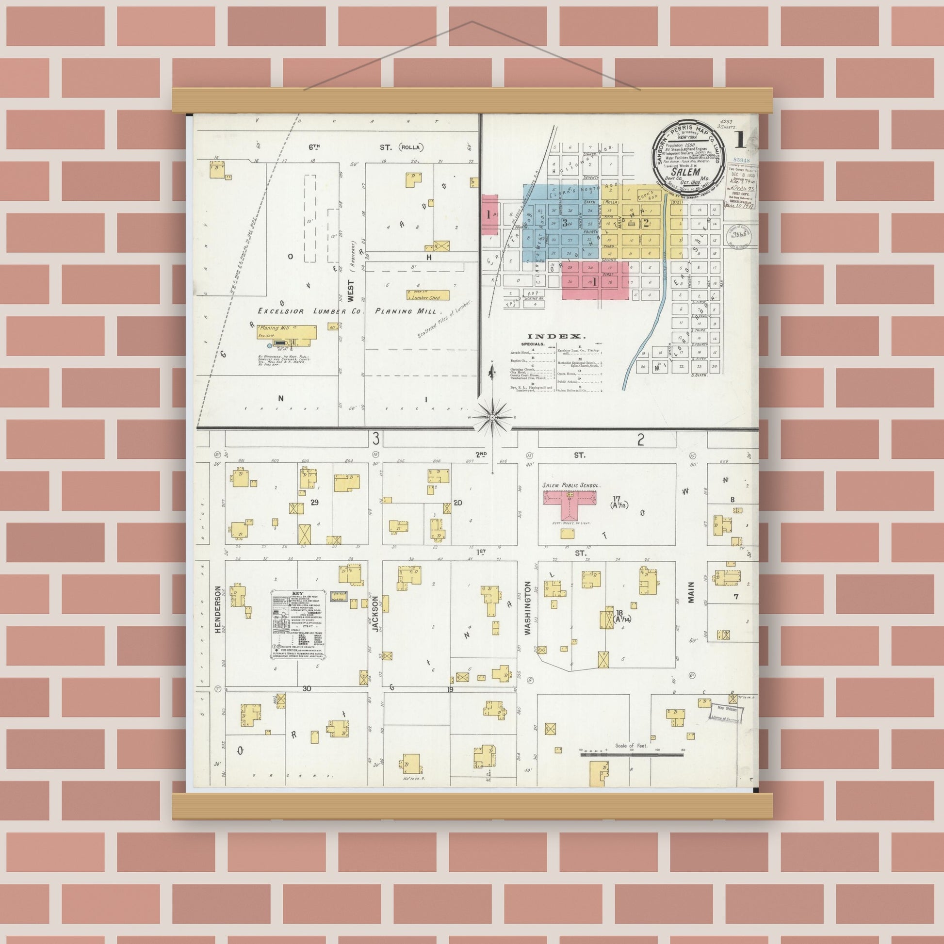Old map wall art mockup — magnetic wood frame on brick wall — Sanborn Fire Insurance Map from Salem, Dent County, Missouri (1900) - Complete Map Set