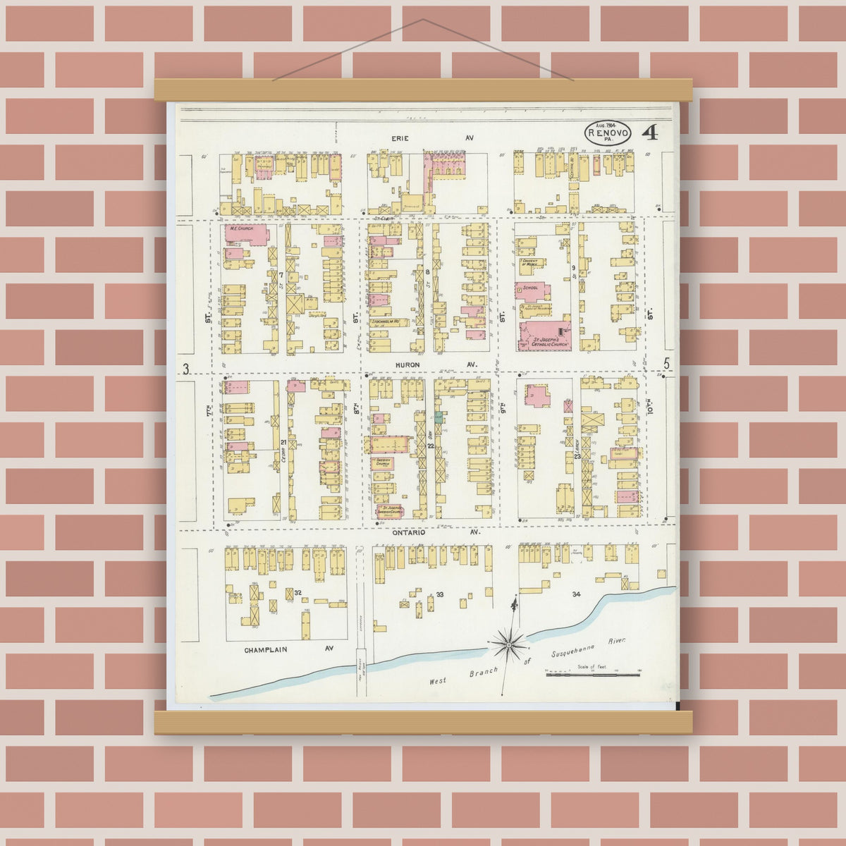 Old map wall art mockup — magnetic wood frame on brick wall — Sanborn Fire Insurance Map from Renovo, Clinton County, Pennsylvania (1904), Sheet #0004