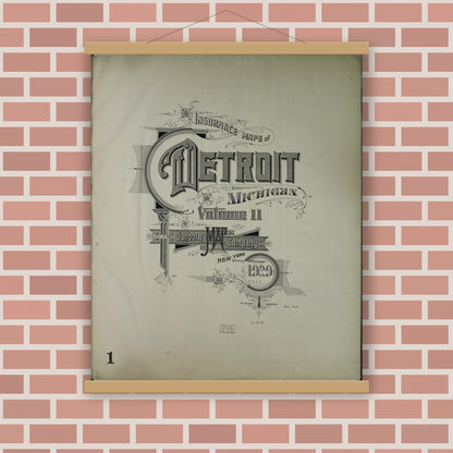 Old map wall art mockup — magnetic wood frame on brick wall — Sanborn Fire Insurance Map from Detroit, Wayne County, Michigan (1929), Sheet #0001
