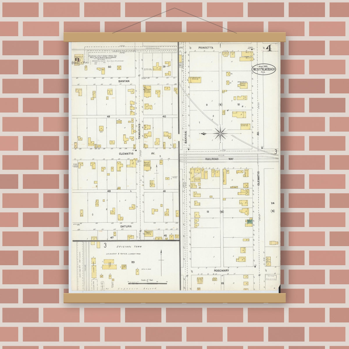 Old map wall art mockup — magnetic wood frame on brick wall — Sanborn Fire Insurance Map from West Palm Beach, Dade County, Florida (1903), Sheet #0004