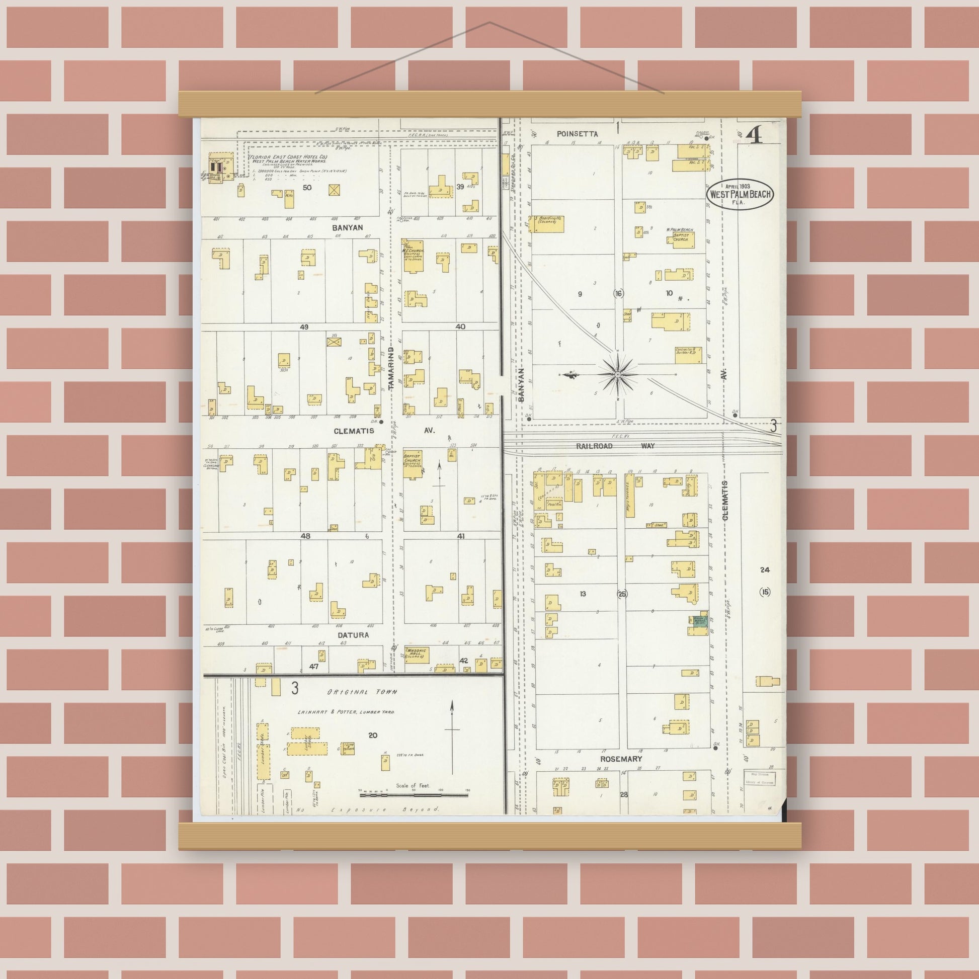 Old map wall art mockup — magnetic wood frame on brick wall — Sanborn Fire Insurance Map from West Palm Beach, Dade County, Florida (1903), Sheet #0004