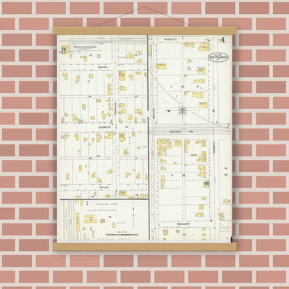 Old map wall art mockup — magnetic wood frame on brick wall — Sanborn Fire Insurance Map from West Palm Beach, Dade County, Florida (1903), Sheet #0004