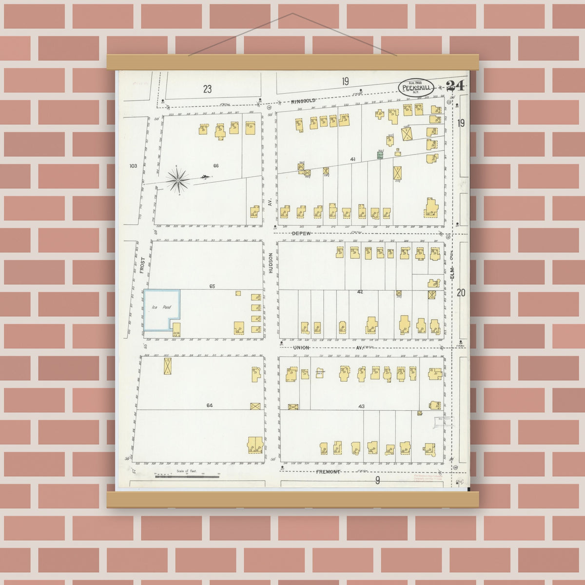 Old map wall art mockup — magnetic wood frame on brick wall — Sanborn Fire Insurance Map from Peekskill, Westchester County, New York (1900), Sheet #0024