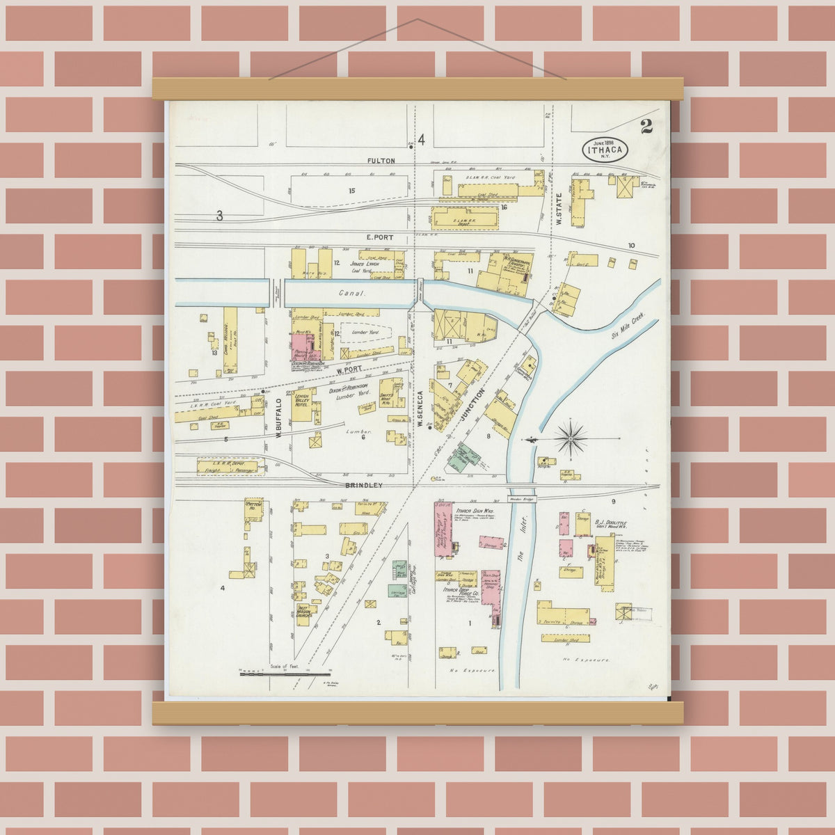 Old map wall art mockup — magnetic wood frame on brick wall — Sanborn Fire Insurance Map from Ithaca, Tompkins County, New York (1898) - Complete Map Set