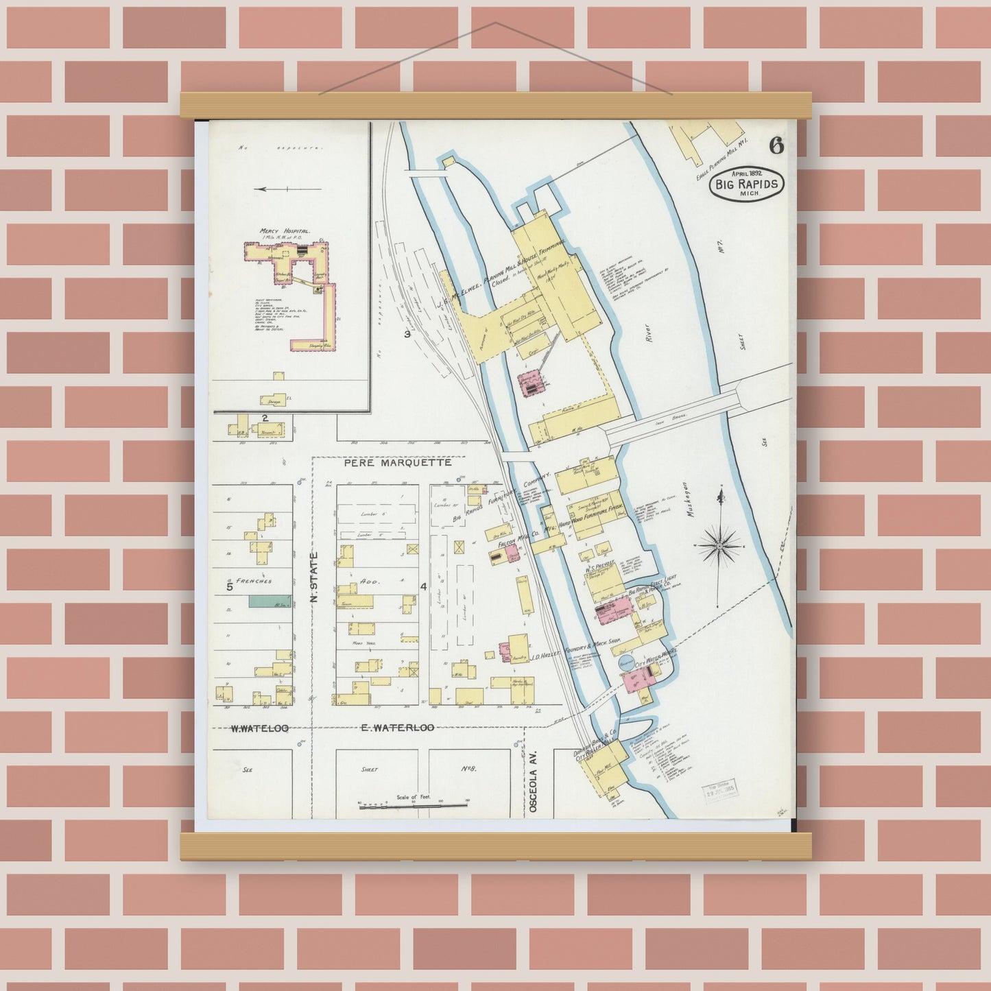 Old map wall art mockup — magnetic wood frame on brick wall — Sanborn Fire Insurance Map from Big Rapids, Mecosta County, Michigan (1892), Sheet #0006