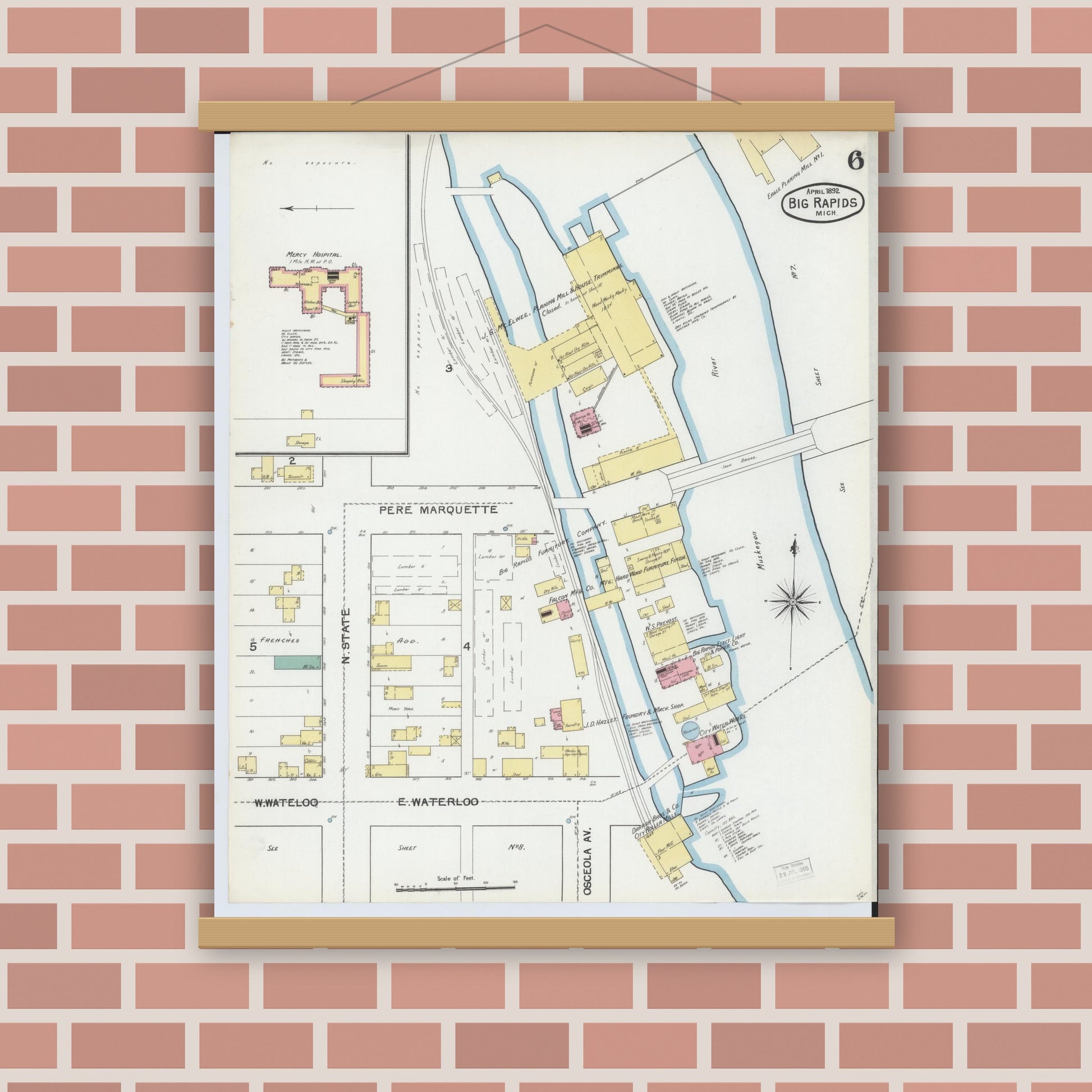 Old map wall art mockup — magnetic wood frame on brick wall — Sanborn Fire Insurance Map from Big Rapids, Mecosta County, Michigan (1892), Sheet #0006