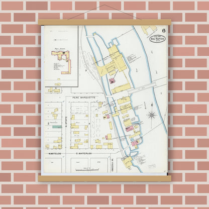 Old map wall art mockup — magnetic wood frame on brick wall — Sanborn Fire Insurance Map from Big Rapids, Mecosta County, Michigan (1892), Sheet #0006