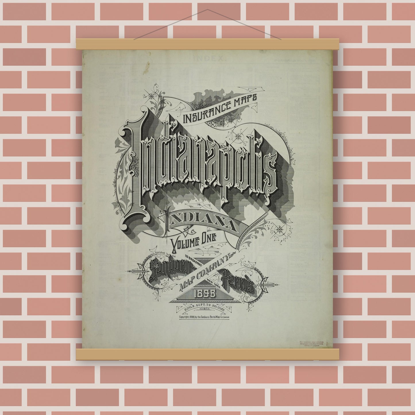 Old map wall art mockup — magnetic wood frame on brick wall — Sanborn Fire Insurance Map from Indianapolis, Marion County, Indiana (1898) - Complete Map Set