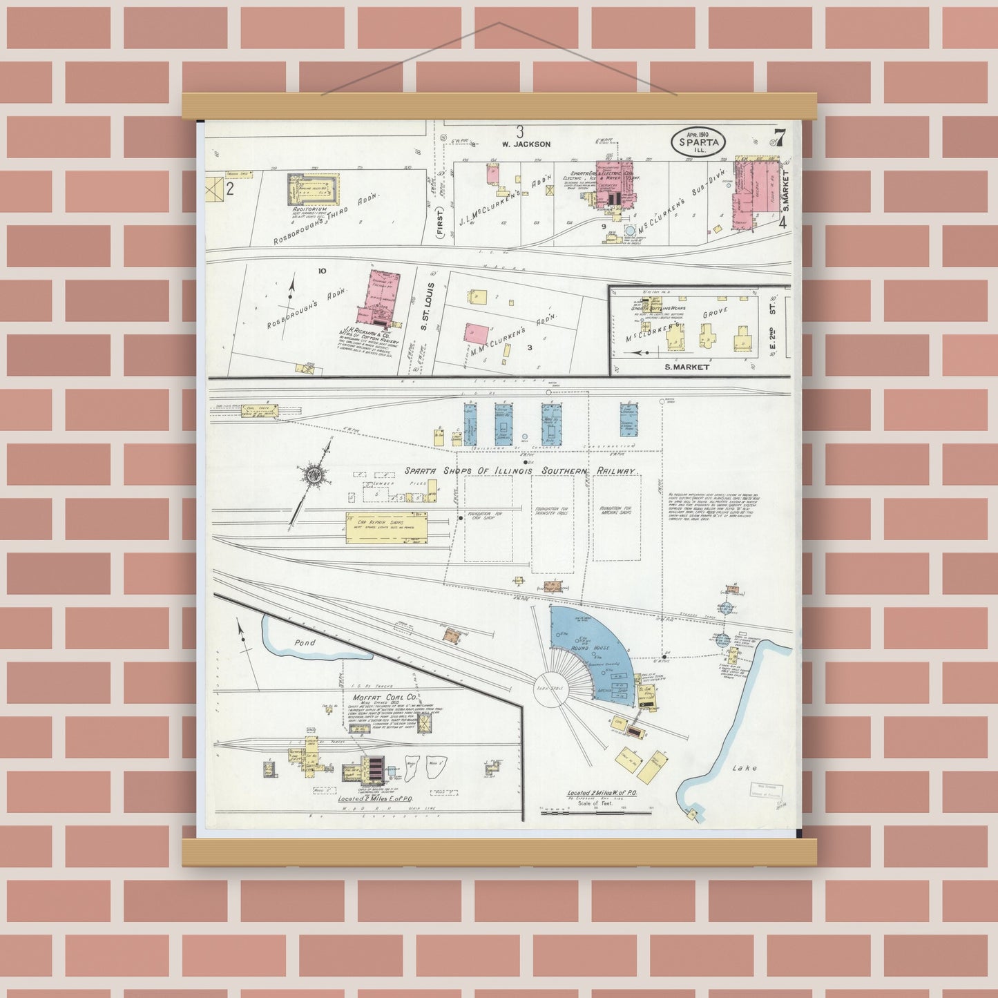 Old map wall art mockup — magnetic wood frame on brick wall — Sanborn Fire Insurance Map from Sparta, Randolph County, Illinois (1910), Sheet #0007