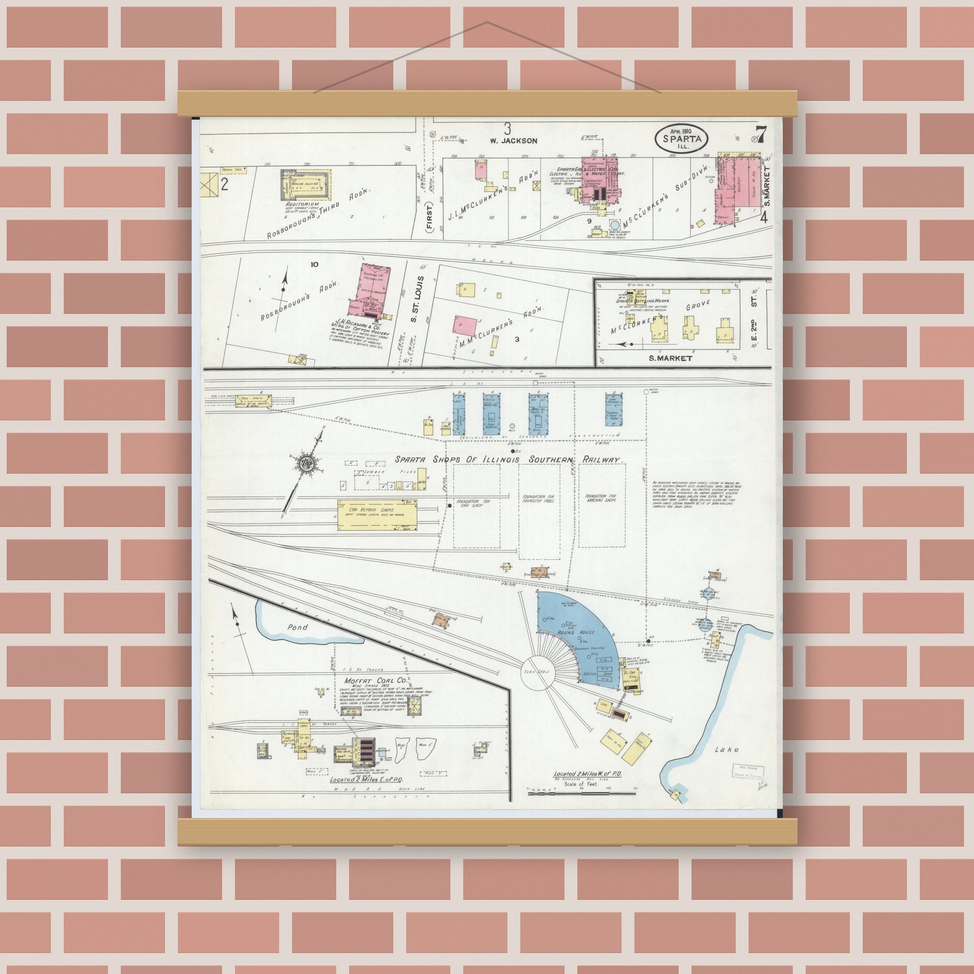Old map wall art mockup — magnetic wood frame on brick wall — Sanborn Fire Insurance Map from Sparta, Randolph County, Illinois (1910), Sheet #0007