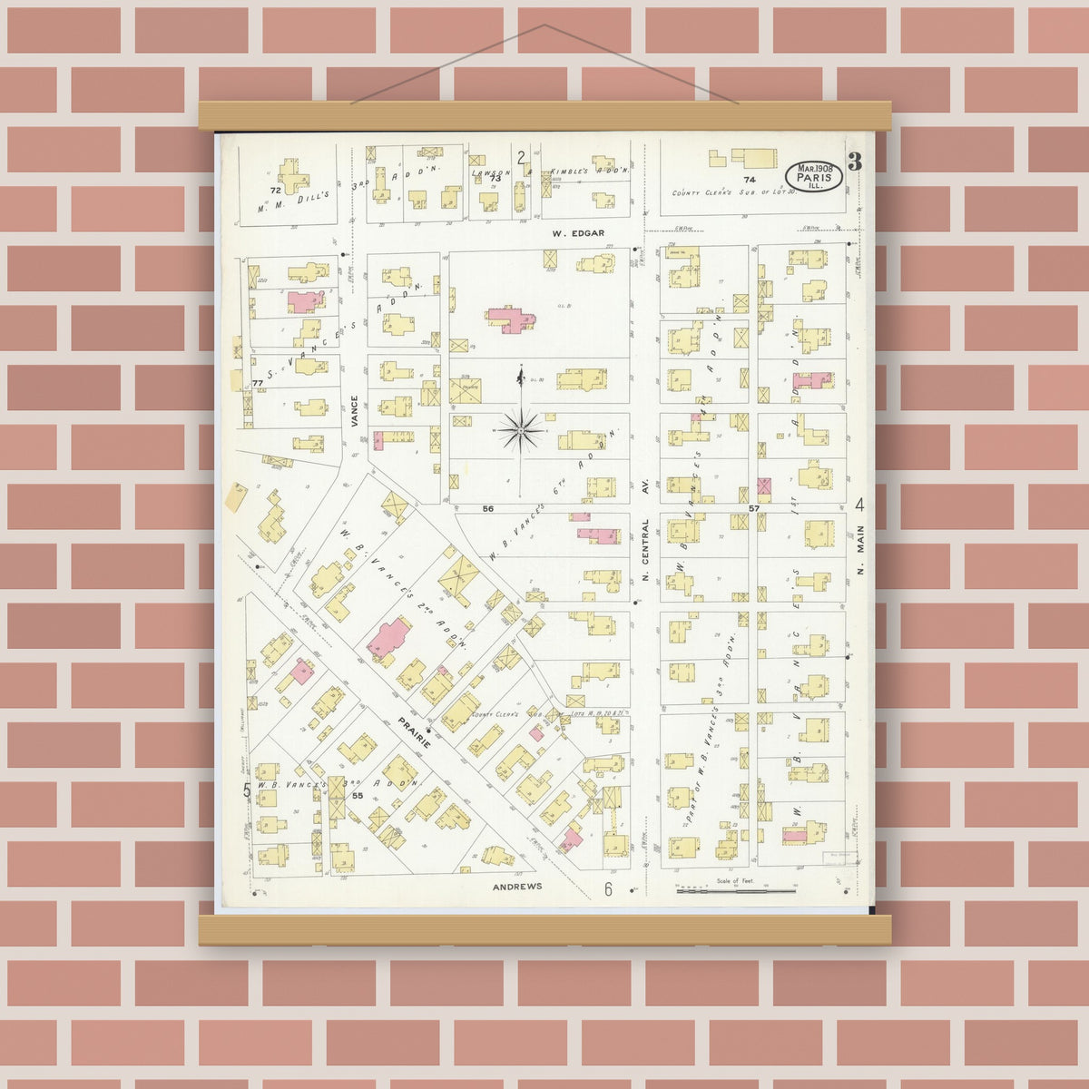 Old map wall art mockup — magnetic wood frame on brick wall — Sanborn Fire Insurance Map from Paris, Edgar County, Illinois (1908), Sheet #0003