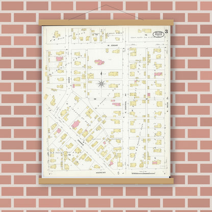 Old map wall art mockup — magnetic wood frame on brick wall — Sanborn Fire Insurance Map from Paris, Edgar County, Illinois (1908), Sheet #0003