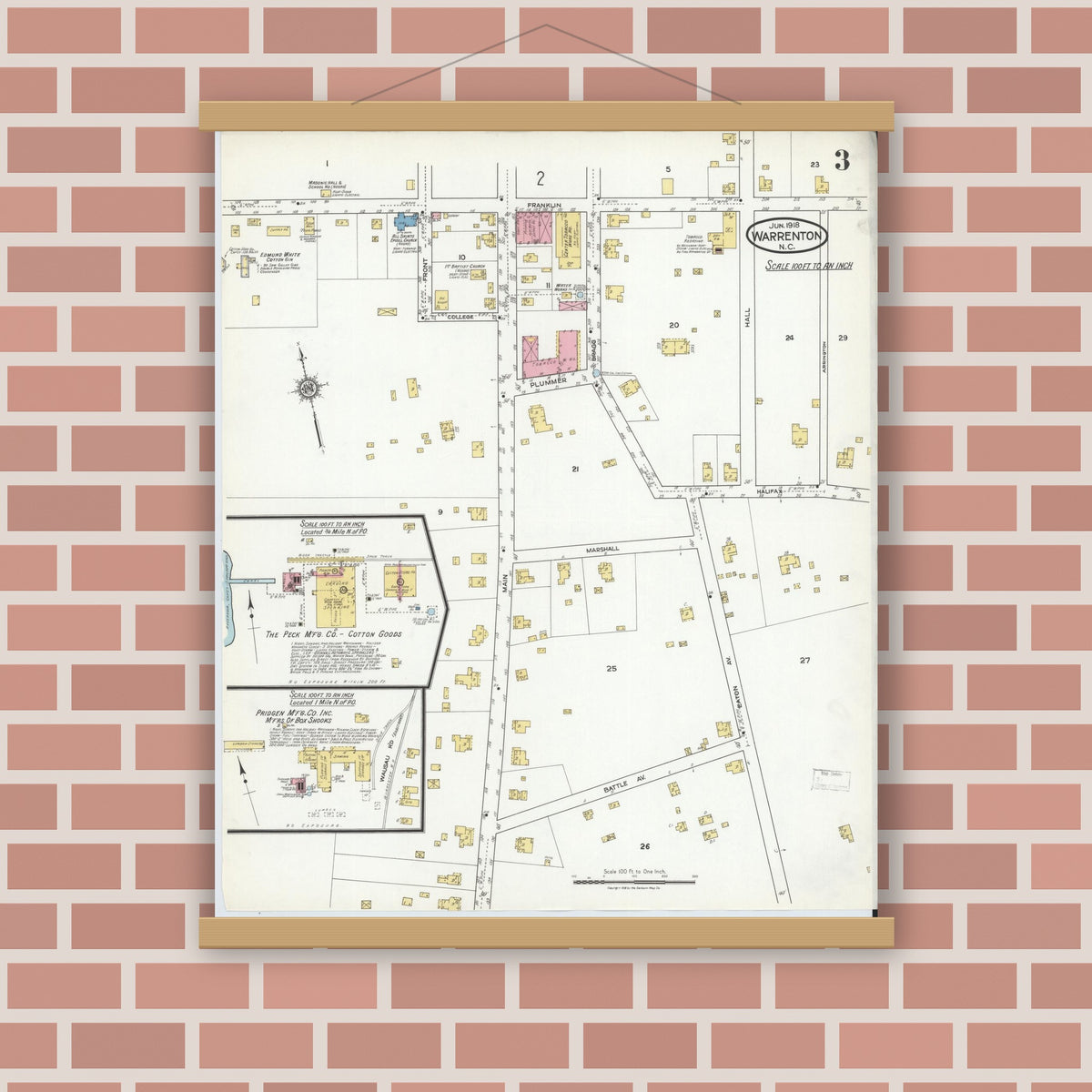 Old map wall art mockup — magnetic wood frame on brick wall — Sanborn Fire Insurance Map from Warrenton, Warren County, North Carolina (1918), Sheet #0003