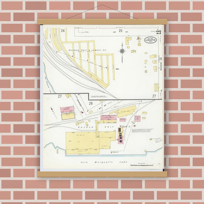 Old map wall art mockup — magnetic wood frame on brick wall — Sanborn Fire Insurance Map from Ludington, Mason County, Michigan (1910), Sheet #0027