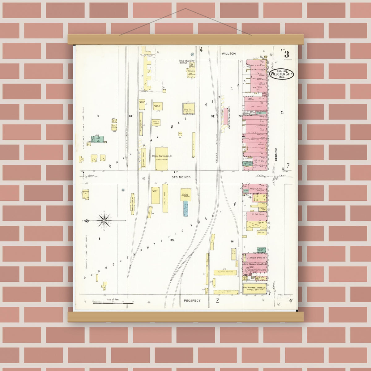 Old map wall art mockup — magnetic wood frame on brick wall — Sanborn Fire Insurance Map from Webster City, Hamilton County, Iowa (1907), Sheet #0003