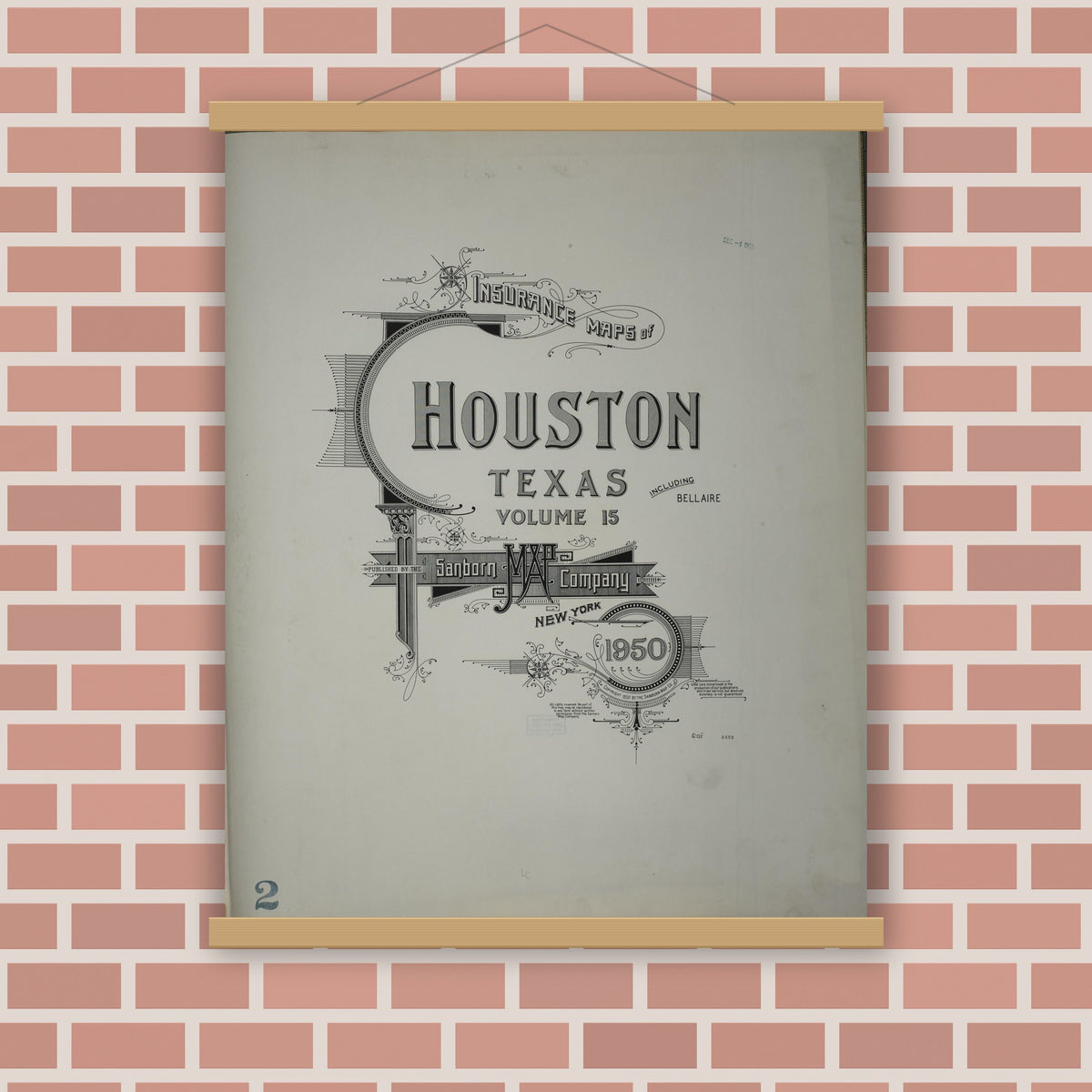 Old map wall art mockup — magnetic wood frame on brick wall — Sanborn Fire Insurance Map from Houston, Harris County, Texas (1950) - Complete Map Set