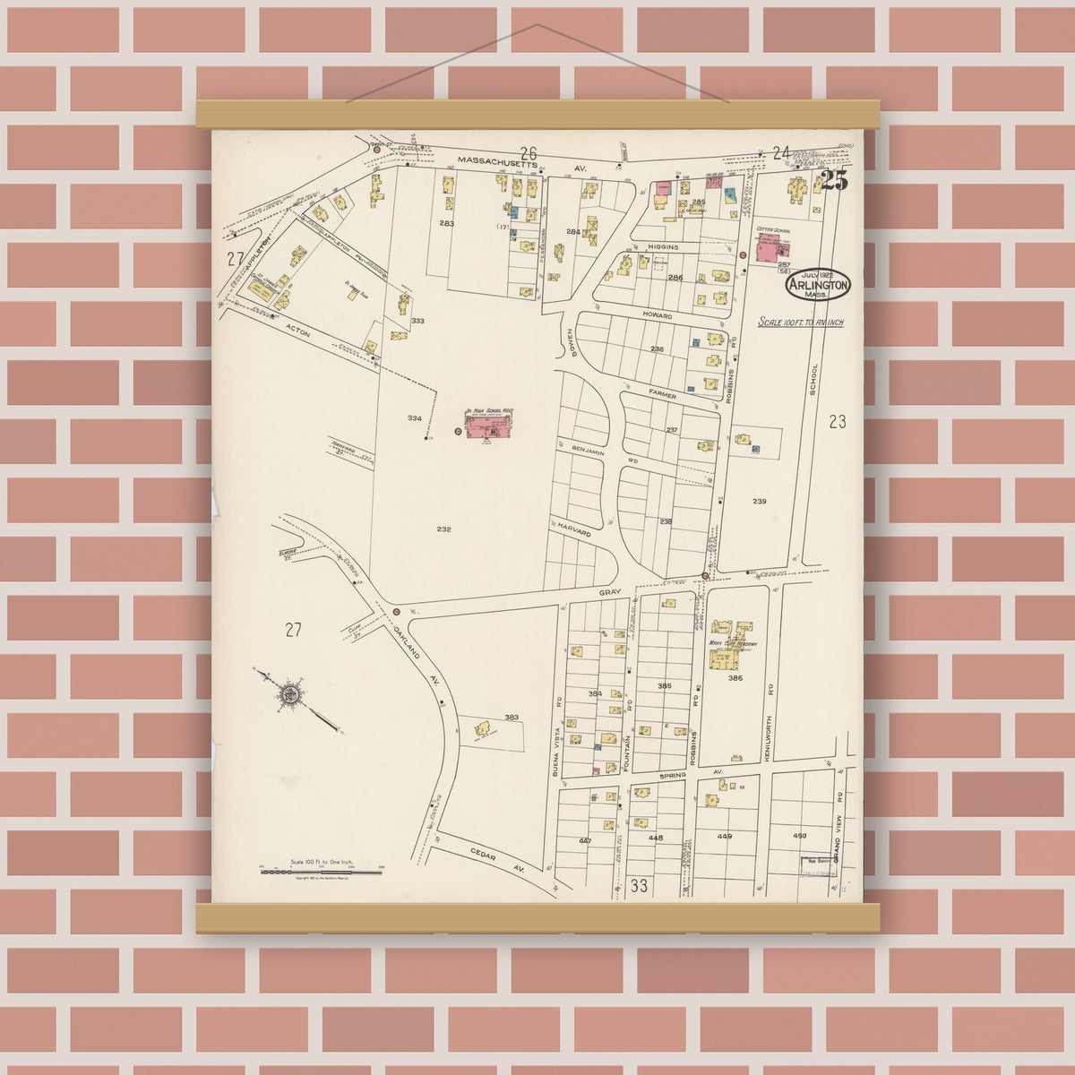 Old map wall art mockup — magnetic wood frame on brick wall — Sanborn Fire Insurance Map from Arlington, Middlesex County, Massachusetts (1922), Sheet #0025