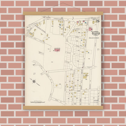 Old map wall art mockup — magnetic wood frame on brick wall — Sanborn Fire Insurance Map from Arlington, Middlesex County, Massachusetts (1922), Sheet #0025