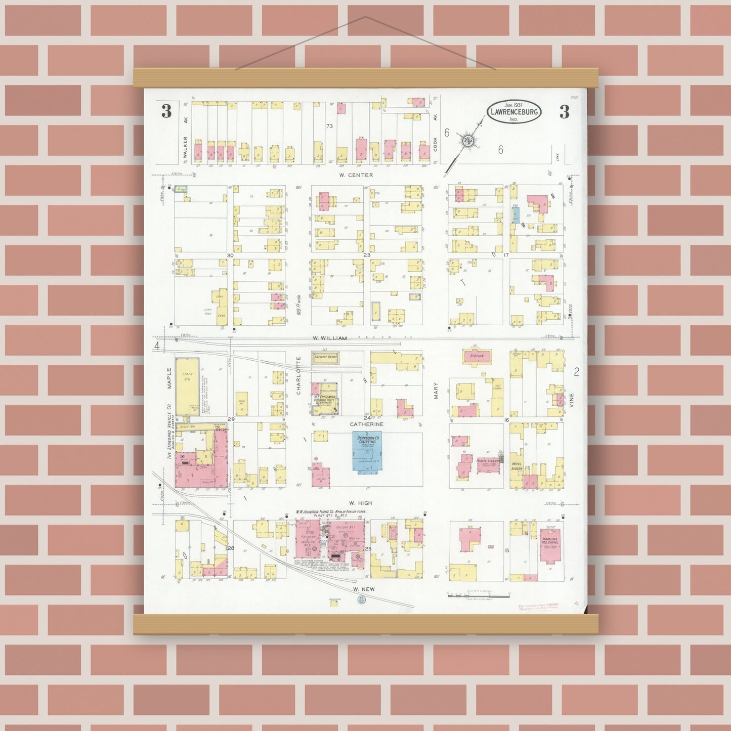 Old map wall art mockup — magnetic wood frame on brick wall — Sanborn Fire Insurance Map from Lawrenceburg, Dearborn County, Indiana (1931), Sheet #0003