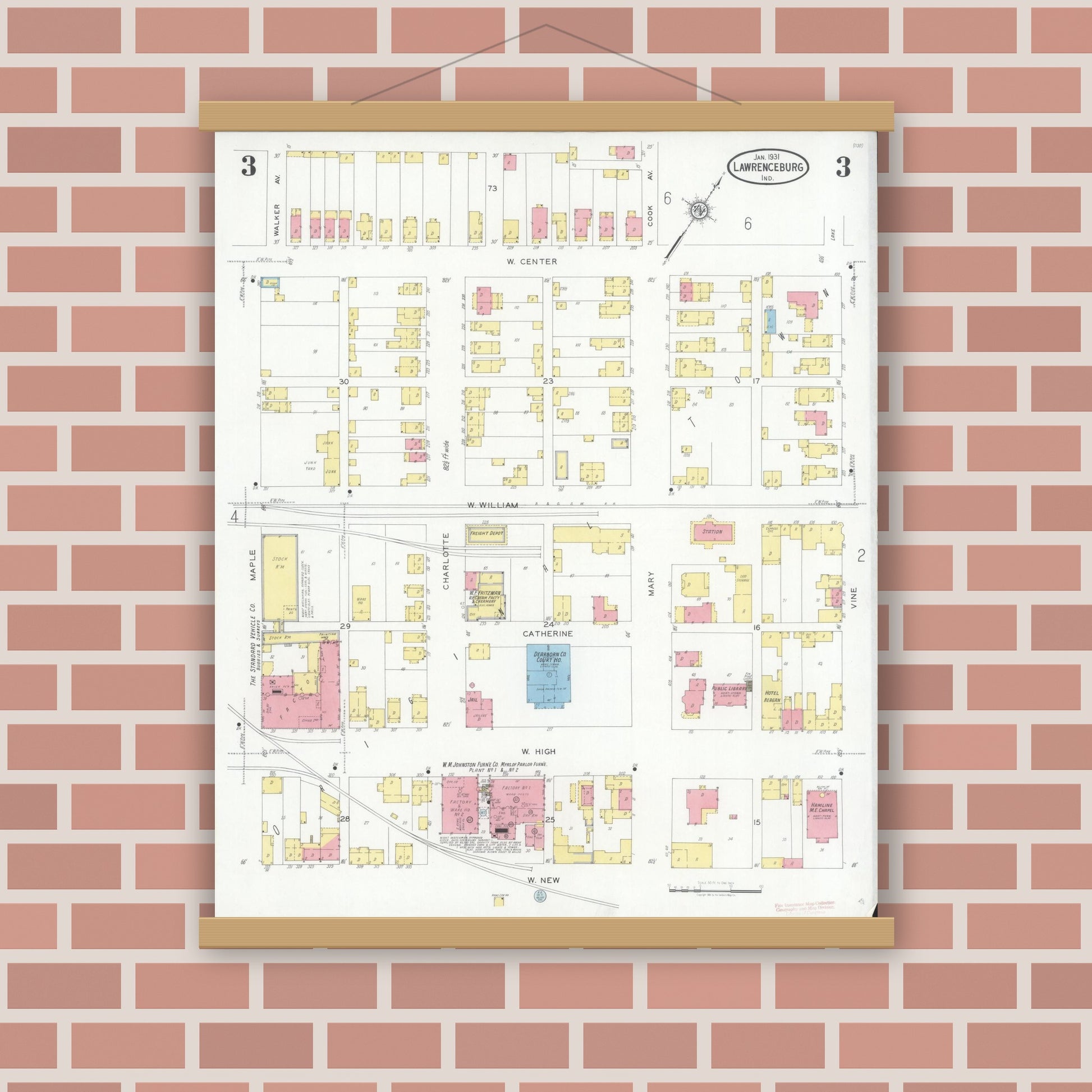 Old map wall art mockup — magnetic wood frame on brick wall — Sanborn Fire Insurance Map from Lawrenceburg, Dearborn County, Indiana (1931), Sheet #0003