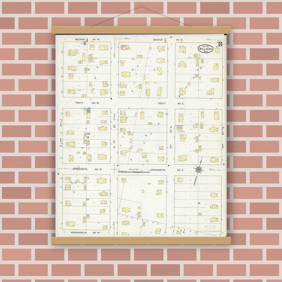 Old map wall art mockup — magnetic wood frame on brick wall — Sanborn Fire Insurance Map from Willmar, Kandiyohi County, Minnesota (1914), Sheet #0008