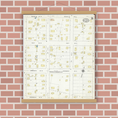 Old map wall art mockup — magnetic wood frame on brick wall — Sanborn Fire Insurance Map from Willmar, Kandiyohi County, Minnesota (1914), Sheet #0008