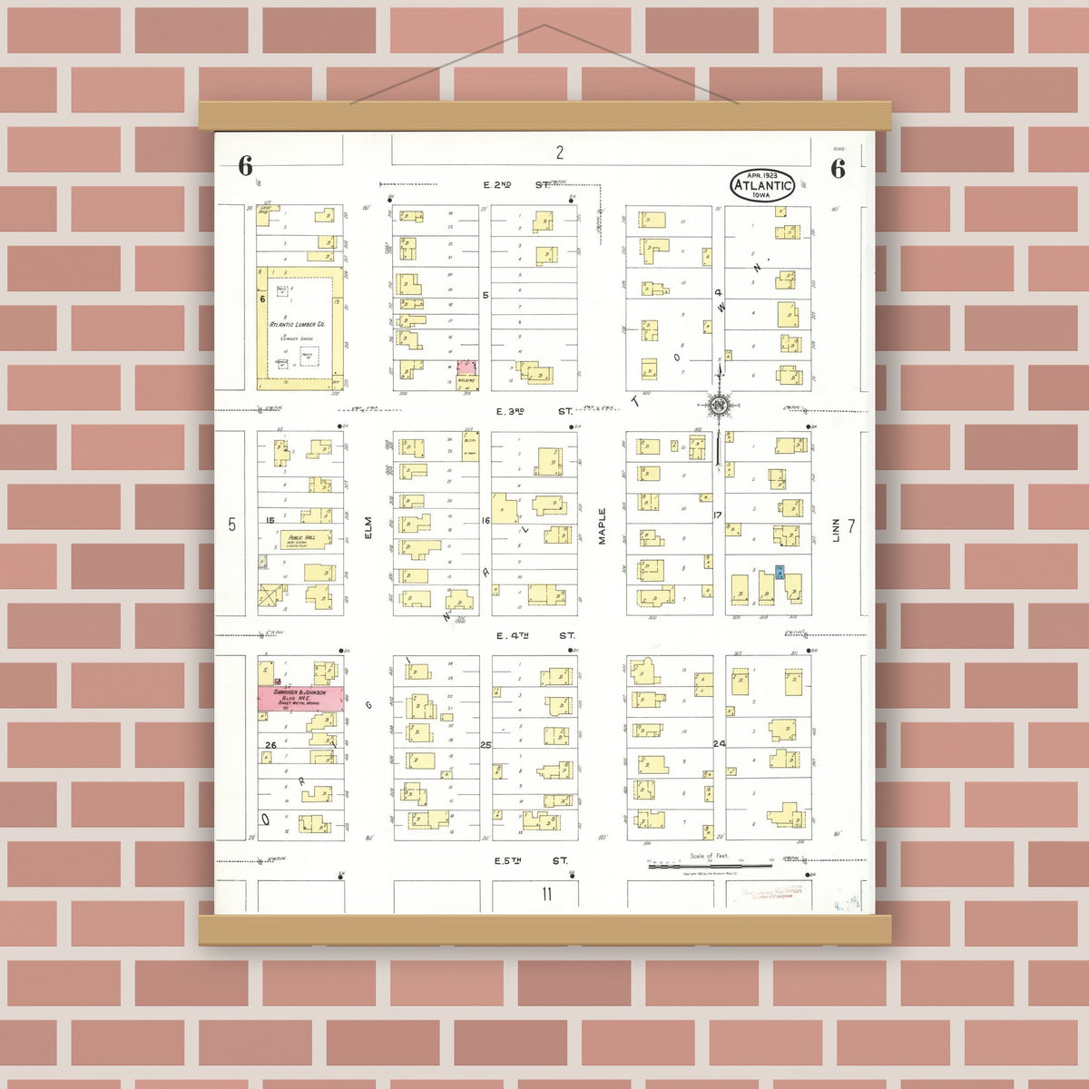 Old map wall art mockup — magnetic wood frame on brick wall — Sanborn Fire Insurance Map from Atlantic, Cass County, Iowa (1923), Sheet #0006