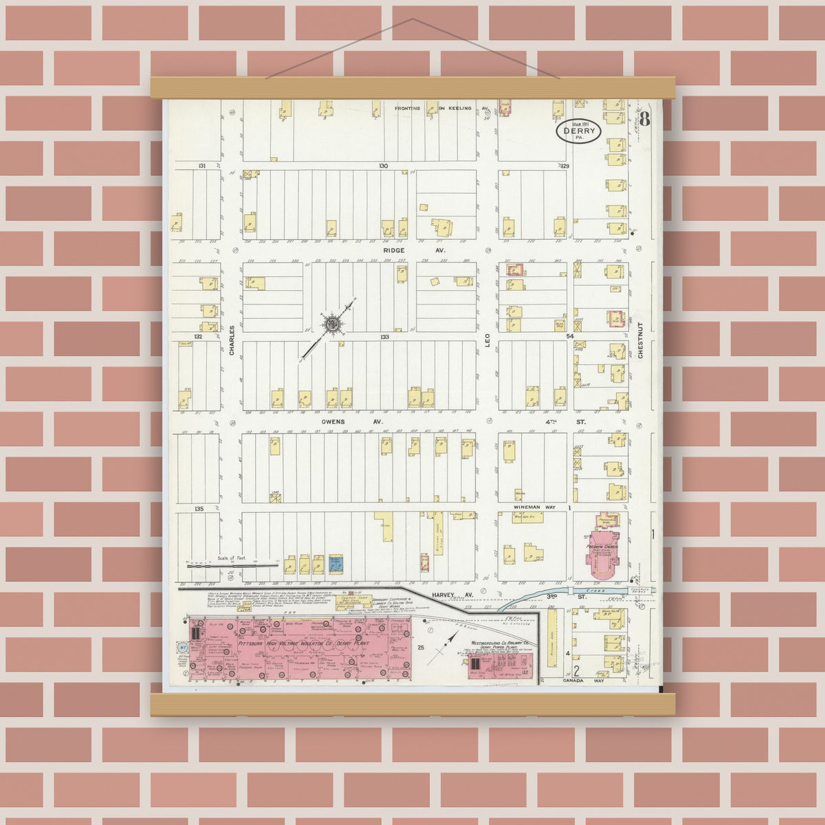 Old map wall art mockup — magnetic wood frame on brick wall — Sanborn Fire Insurance Map from Derry, Westmoreland County, Pennsylvania (1911), Sheet #0008