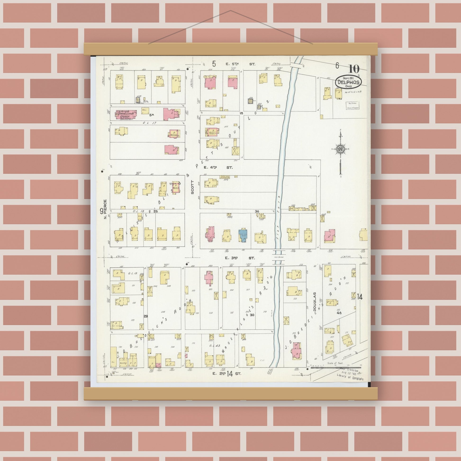 Old map wall art mockup — magnetic wood frame on brick wall — Sanborn Fire Insurance Map from Delphos, Van Wert And Allen Counties, Ohio (1911), Sheet #0010