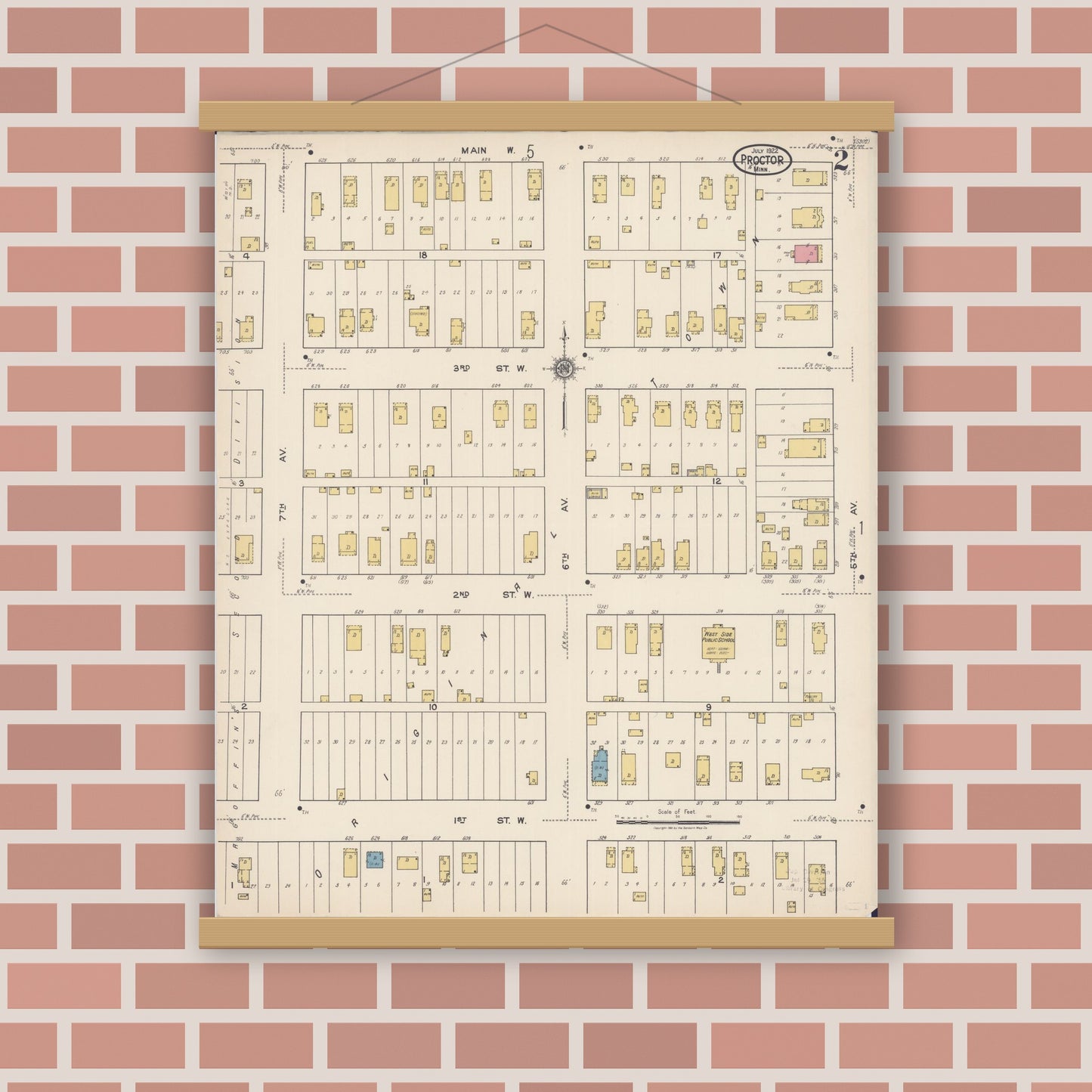 Old map wall art mockup — magnetic wood frame on brick wall — Sanborn Fire Insurance Map from Proctor, Saint Louis County, Minnesota (1922), Sheet #0002