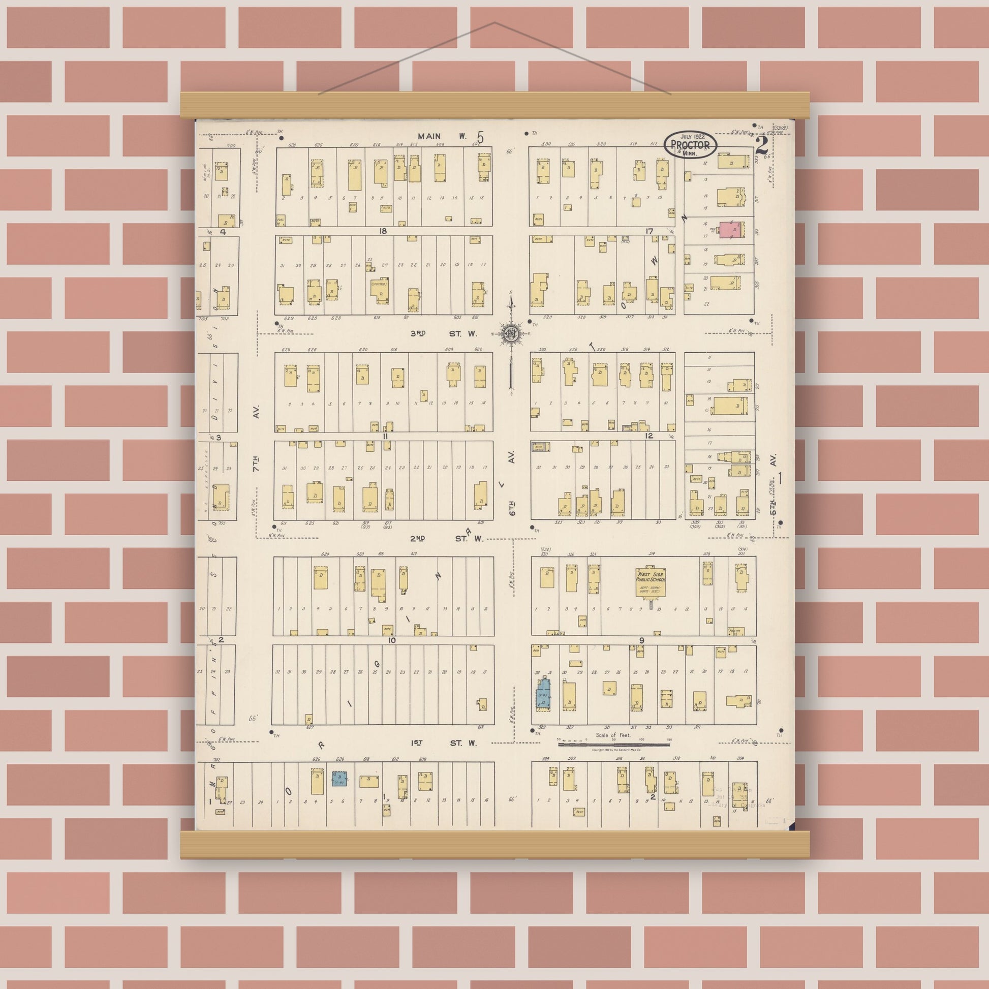 Old map wall art mockup — magnetic wood frame on brick wall — Sanborn Fire Insurance Map from Proctor, Saint Louis County, Minnesota (1922), Sheet #0002