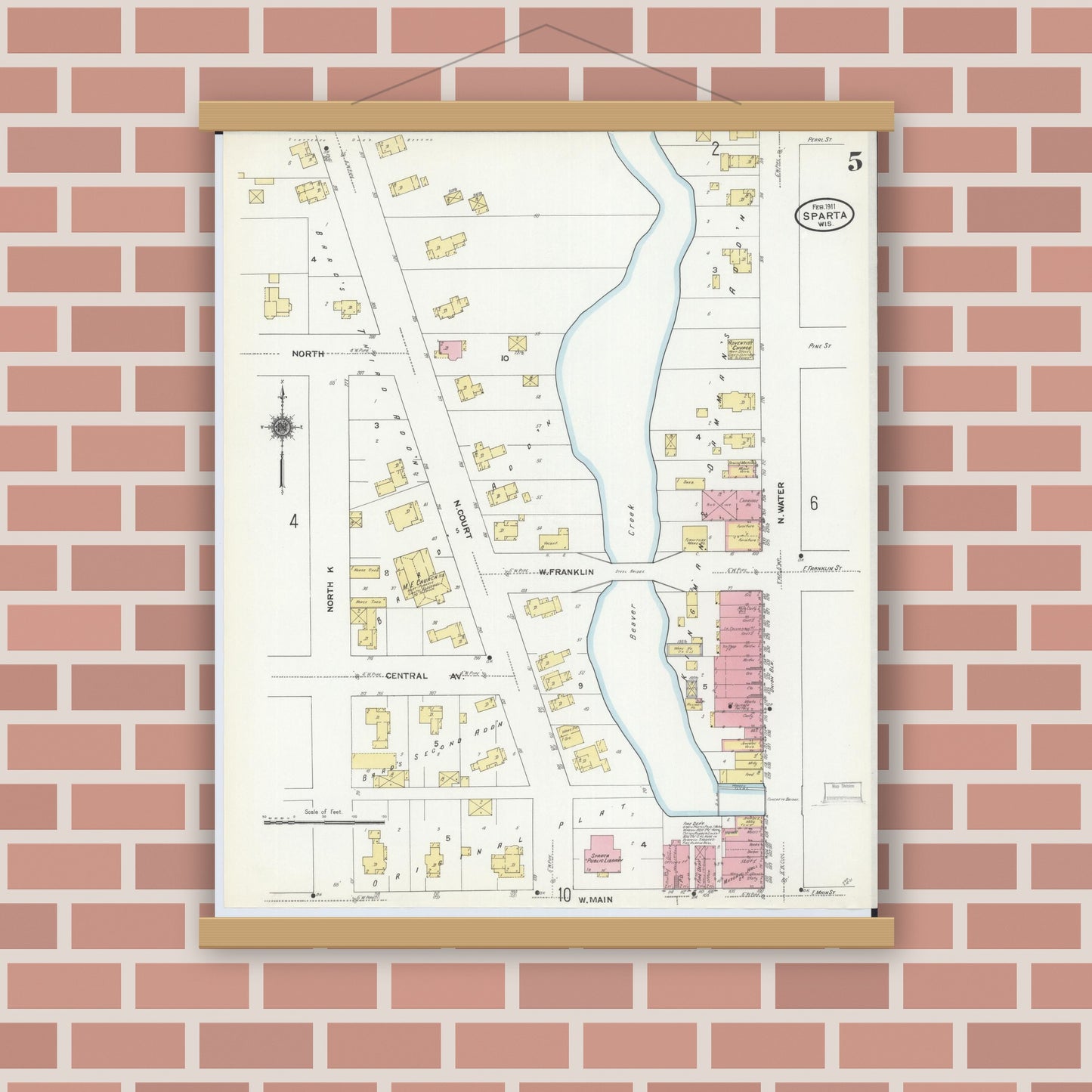 Old map wall art mockup — magnetic wood frame on brick wall — Sanborn Fire Insurance Map from Sparta, Monroe County, Wisconsin (1911), Sheet #0005