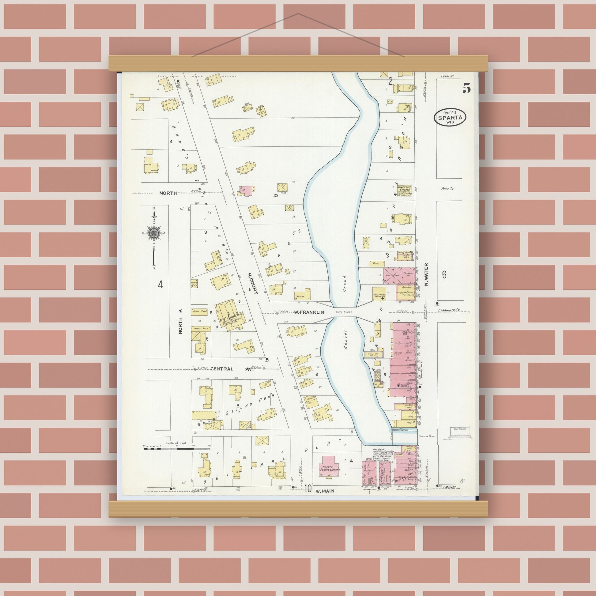 Old map wall art mockup — magnetic wood frame on brick wall — Sanborn Fire Insurance Map from Sparta, Monroe County, Wisconsin (1911), Sheet #0005