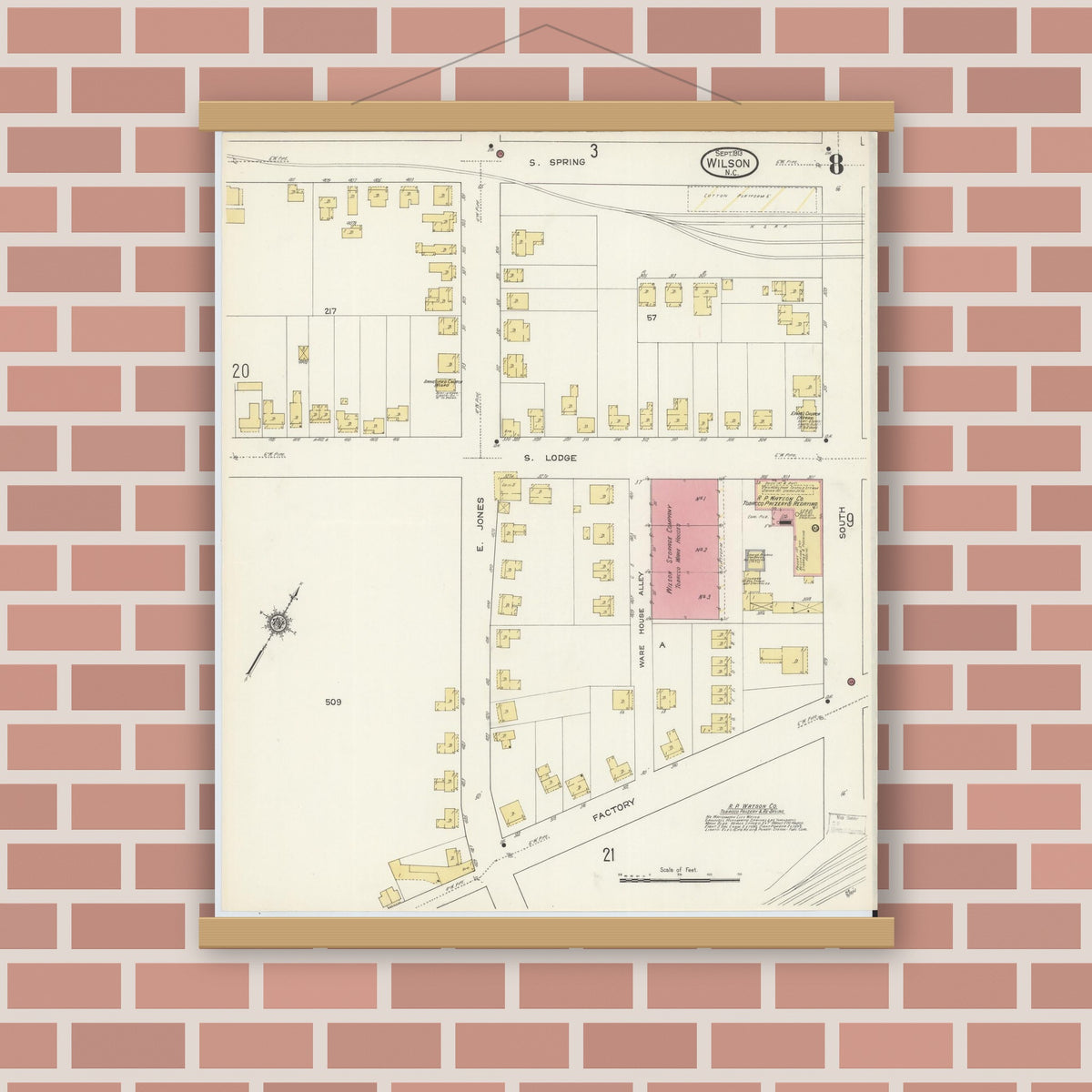 Old map wall art mockup — magnetic wood frame on brick wall — Sanborn Fire Insurance Map from Wilson, Wilson County, North Carolina (1913), Sheet #0008