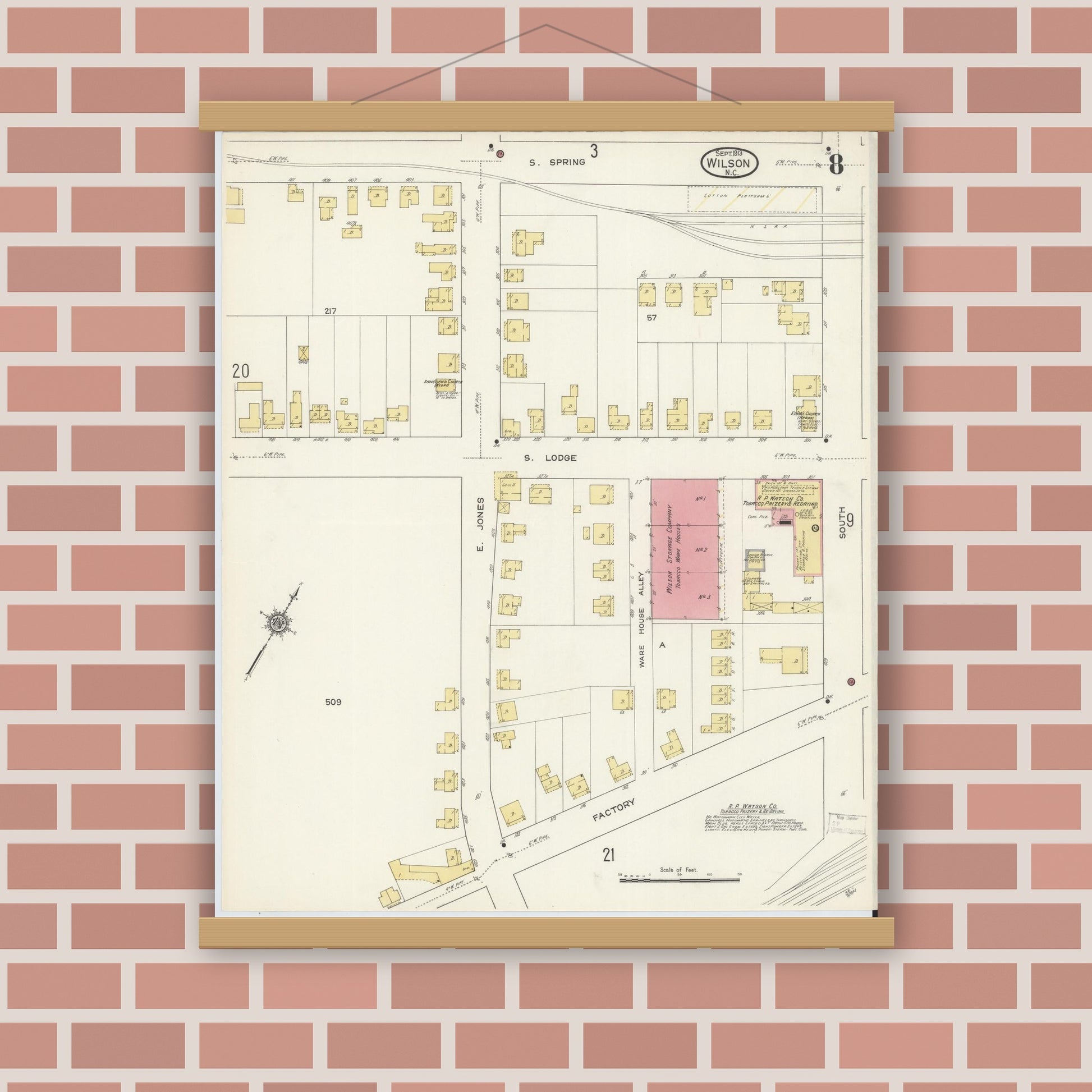 Old map wall art mockup — magnetic wood frame on brick wall — Sanborn Fire Insurance Map from Wilson, Wilson County, North Carolina (1913), Sheet #0008