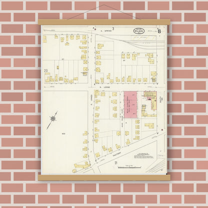 Old map wall art mockup — magnetic wood frame on brick wall — Sanborn Fire Insurance Map from Wilson, Wilson County, North Carolina (1913), Sheet #0008