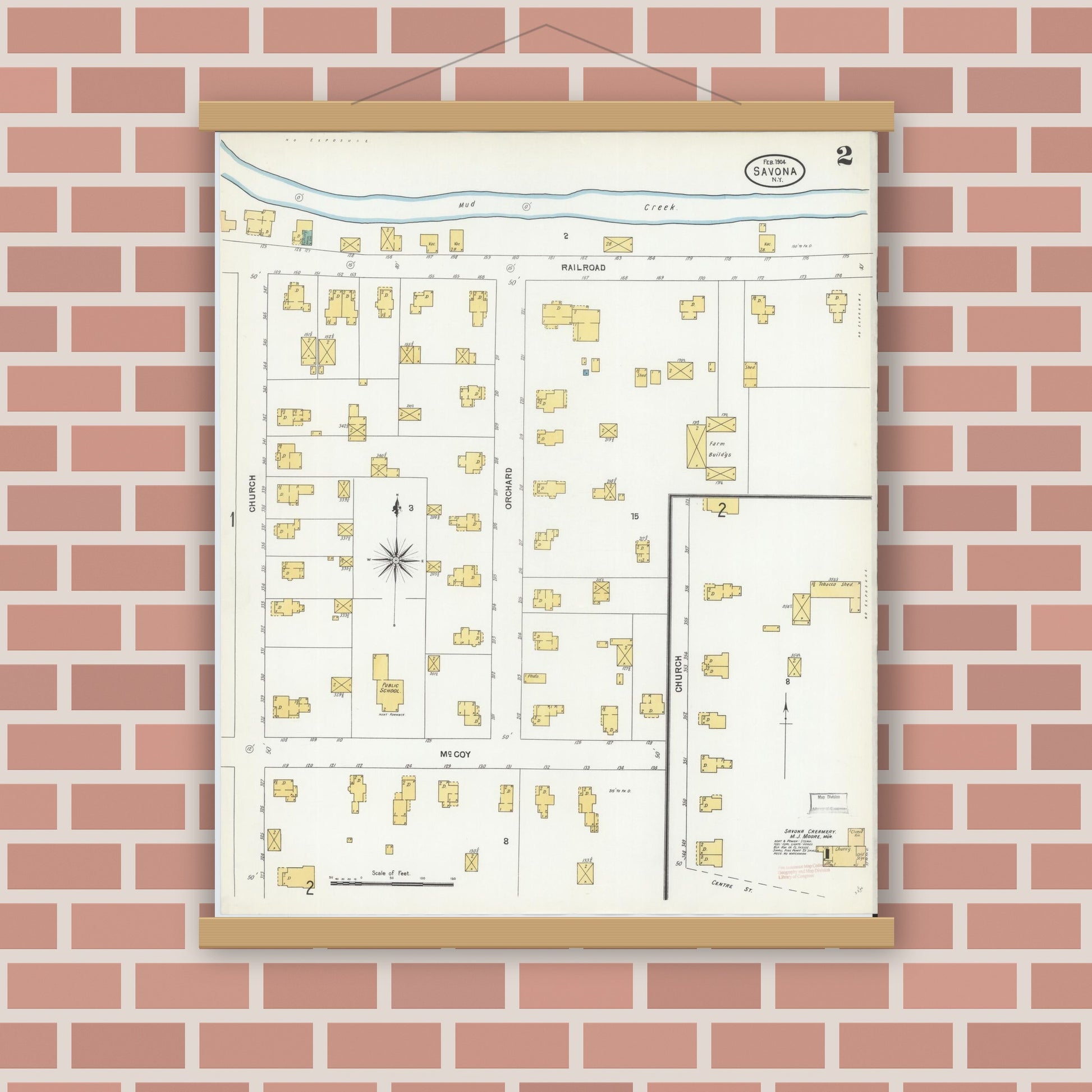 Old map wall art mockup — magnetic wood frame on brick wall — Sanborn Fire Insurance Map from Savona, Steuben County, New York (1904), Sheet #0002