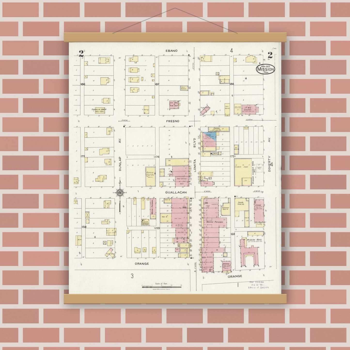 Old map wall art mockup — magnetic wood frame on brick wall — Sanborn Fire Insurance Map from Mission, Hidalgo County, Texas (1925), Sheet #0002